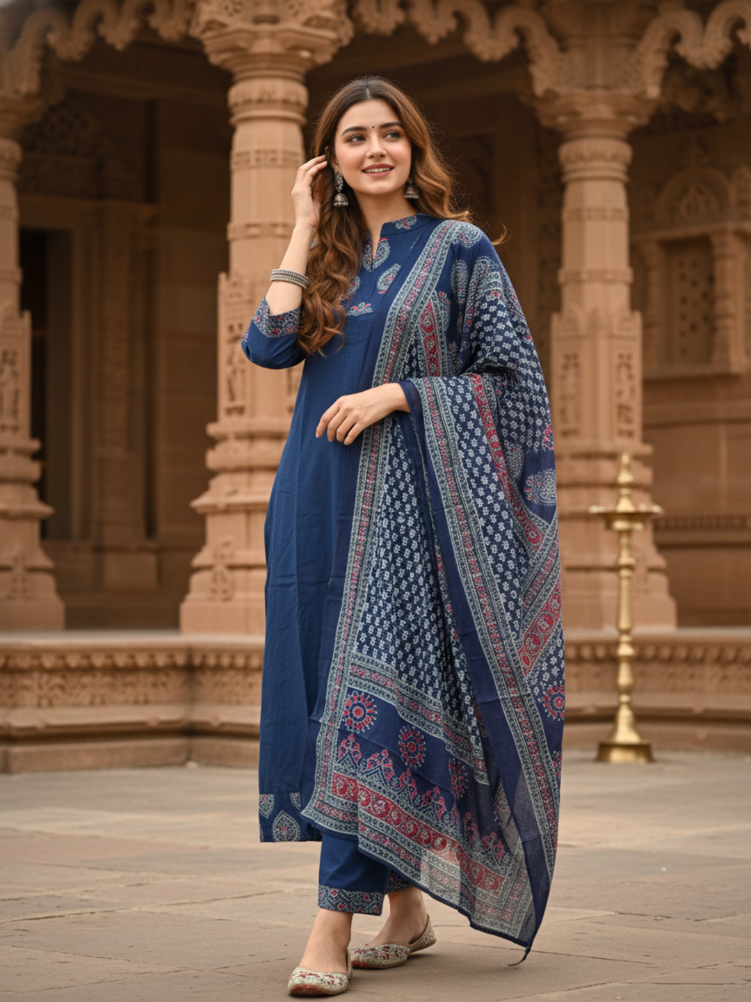 Ethnic Printed & Solid Sequin Embellished Anarkali Kurta with Pant & Dupatta - Navy Blue