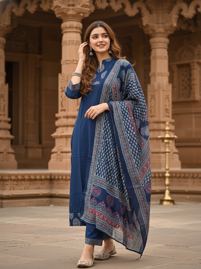 Ethnic Printed & Solid Sequin Embellished Anarkali Kurta with Pant & Dupatta - Navy Blue