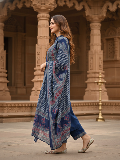 Ethnic Printed & Solid Sequin Embellished Anarkali Kurta with Pant & Dupatta - Navy Blue