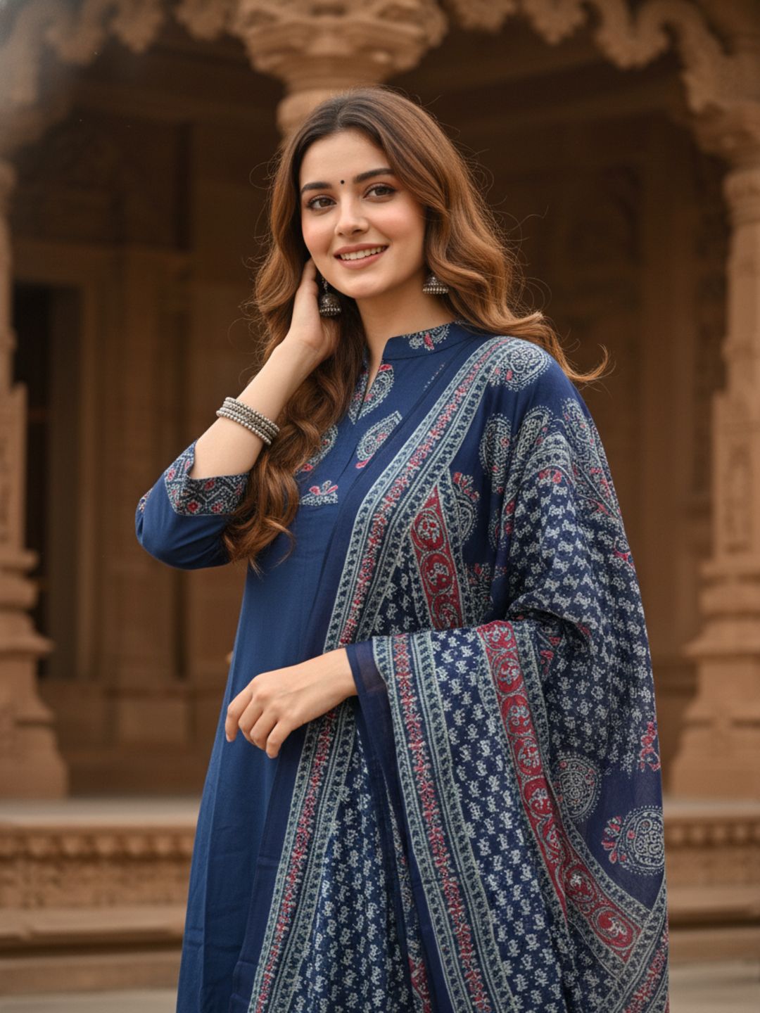 Ethnic Printed & Solid Sequin Embellished Anarkali Kurta with Pant & Dupatta - Navy Blue