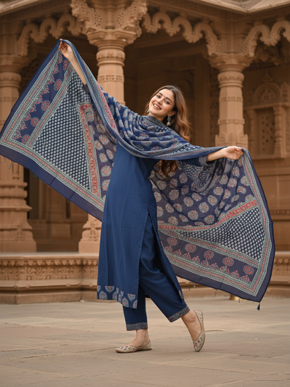 Ethnic Printed & Solid Sequin Embellished Anarkali Kurta with Pant & Dupatta - Navy Blue