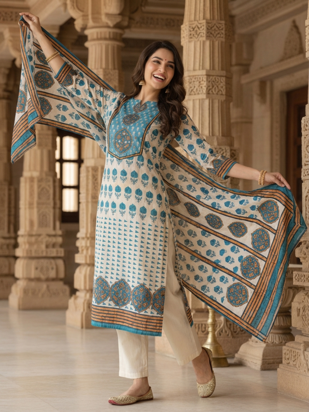 Ethnic Printed Sequin Embellished Straight Kurta with Palazzo & Dupatta - Blue