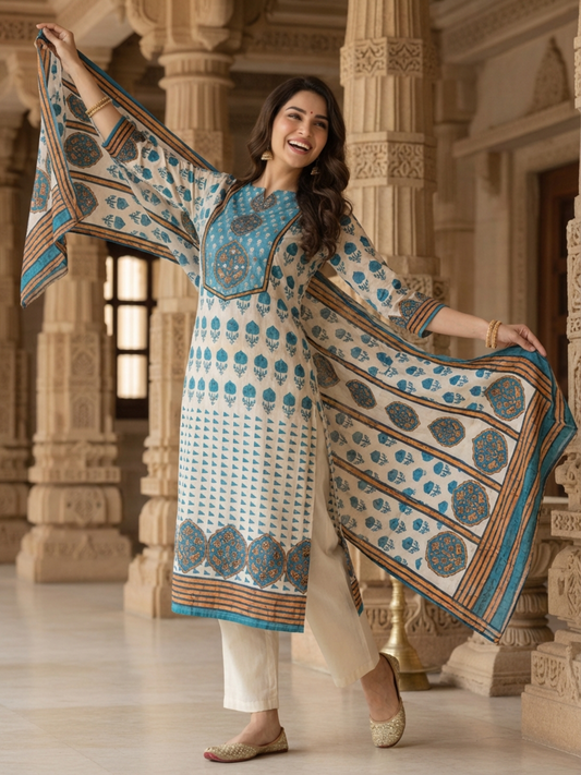 Ethnic Printed Sequin Embellished Straight Kurta with Palazzo & Dupatta - Blue