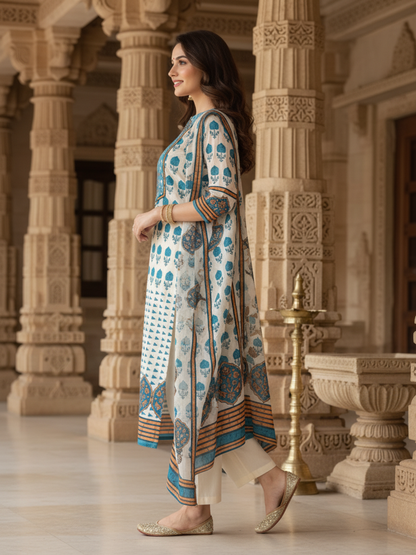 Ethnic Printed Sequin Embellished Straight Kurta with Palazzo & Dupatta - Blue