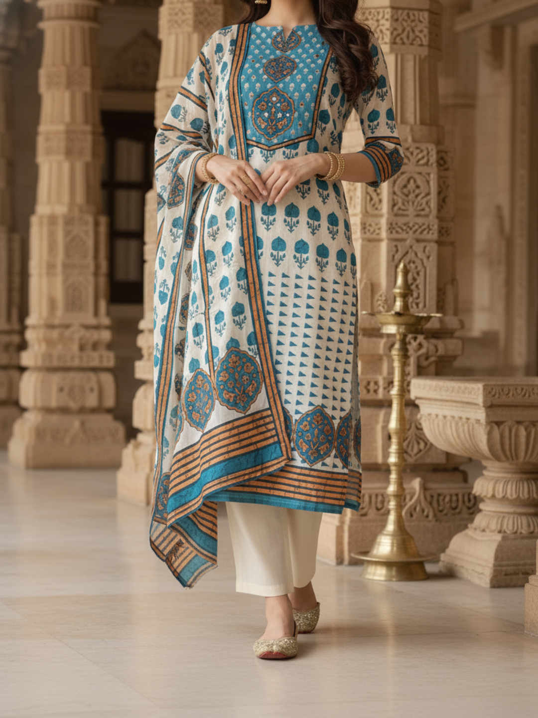Ethnic Printed Sequin Embellished Straight Kurta with Palazzo & Dupatta - Blue