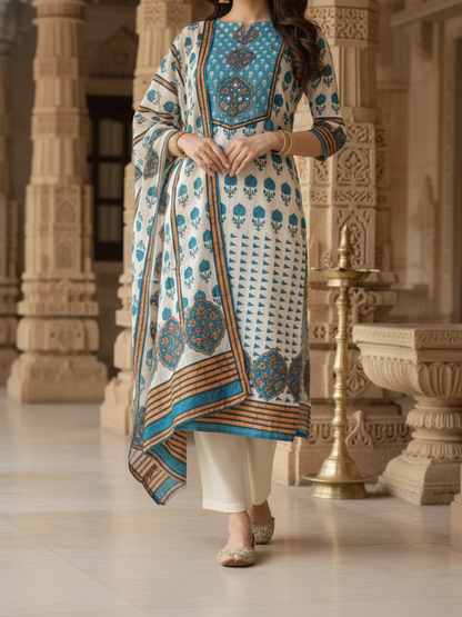 Ethnic Printed Sequin Embellished Straight Kurta with Palazzo & Dupatta - Blue