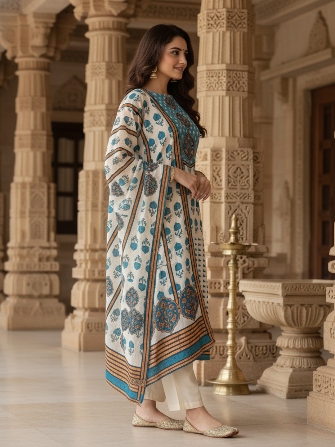 Ethnic Printed Sequin Embellished Straight Kurta with Palazzo & Dupatta - Blue