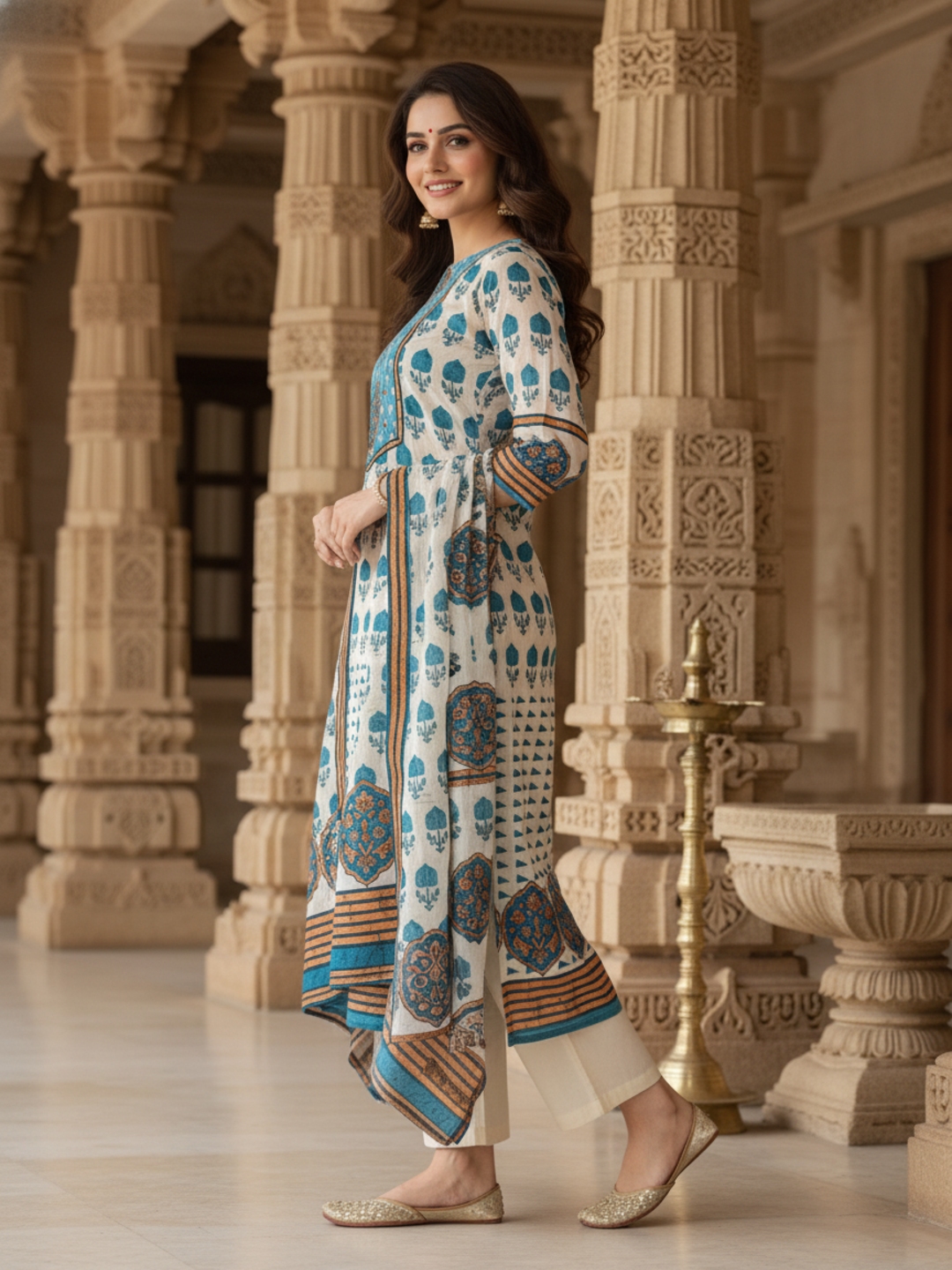 Ethnic Printed Sequin Embellished Straight Kurta with Palazzo & Dupatta - Blue