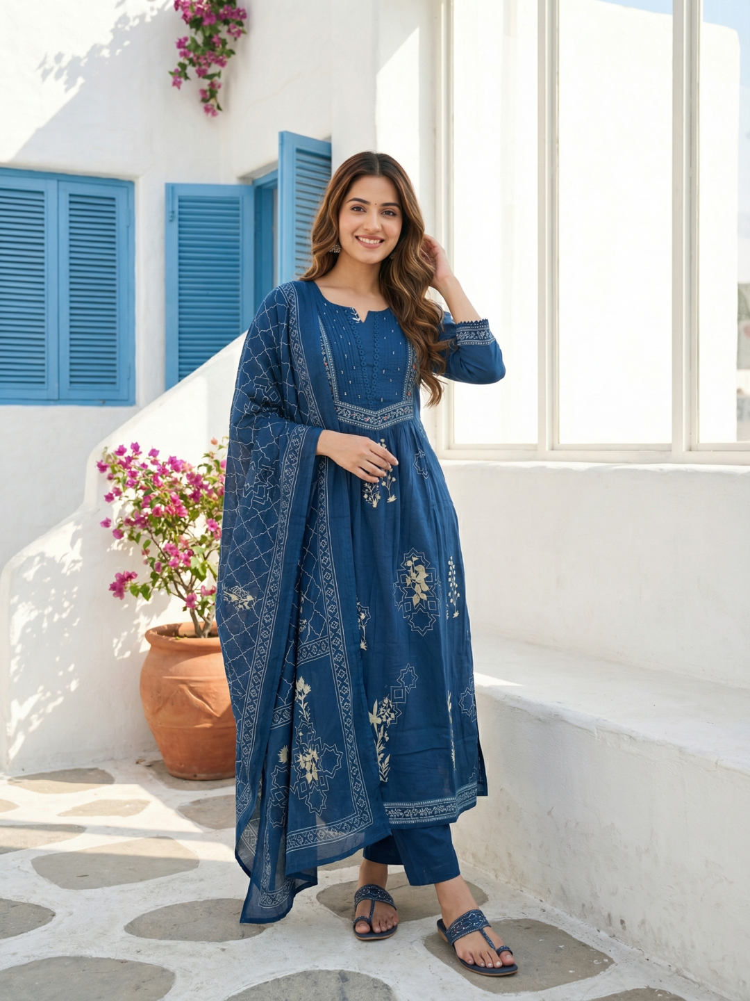 Abstract Printed Sequin Detailed A-Line Kurta with Palazzo & Dupatta - Blue