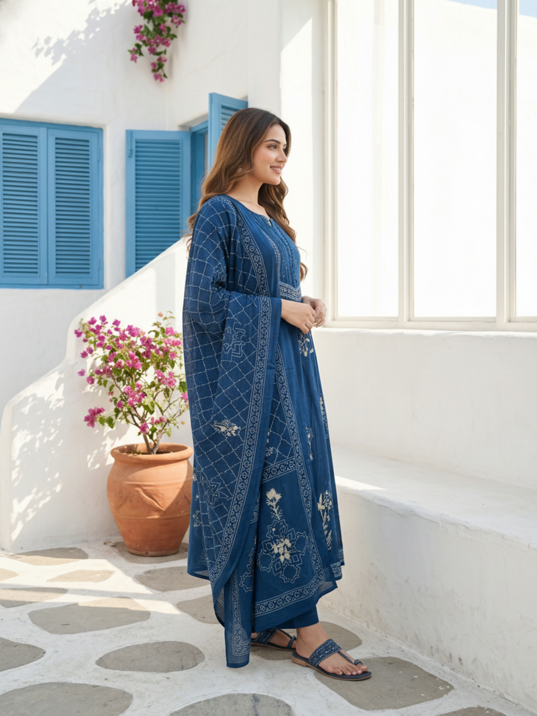 Abstract Printed Sequin Detailed A-Line Kurta with Palazzo & Dupatta - Blue