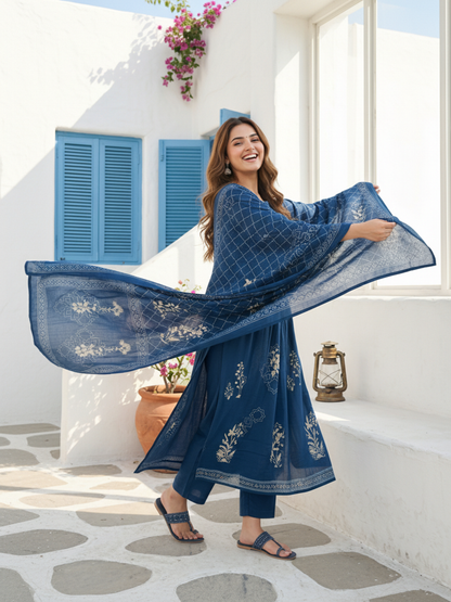Abstract Printed Sequin Detailed A-Line Kurta with Palazzo & Dupatta - Blue