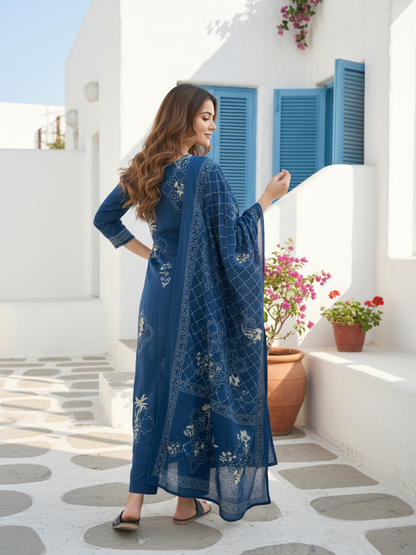 Abstract Printed Sequin Detailed A-Line Kurta with Palazzo & Dupatta - Blue