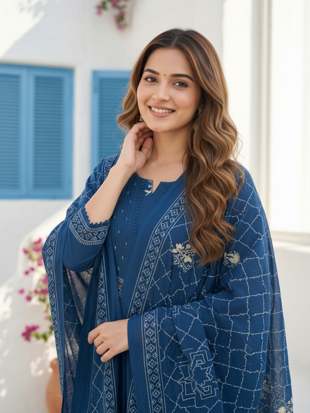 Abstract Printed Sequin Detailed A-Line Kurta with Palazzo & Dupatta - Blue