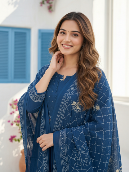 Abstract Printed Sequin Detailed A-Line Kurta with Palazzo & Dupatta - Blue