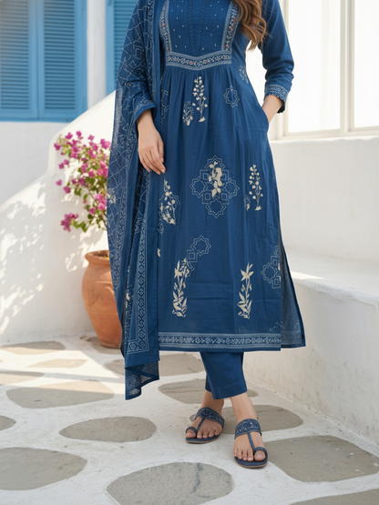 Abstract Printed Sequin Detailed A-Line Kurta with Palazzo & Dupatta - Blue