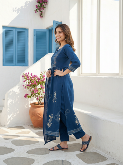 Abstract Printed Sequin Detailed A-Line Kurta with Palazzo & Dupatta - Blue