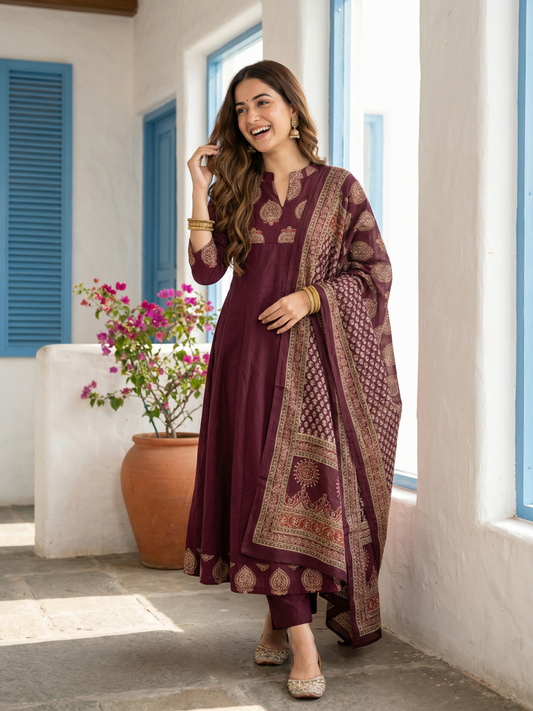 Ethnic Printed & Solid Sequin Embellished Anarkali Kurta with Pant & Dupatta - Burgundy