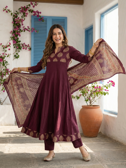 Ethnic Printed & Solid Sequin Embellished Anarkali Kurta with Pant & Dupatta - Burgundy