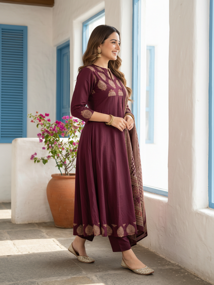 Ethnic Printed & Solid Sequin Embellished Anarkali Kurta with Pant & Dupatta - Burgundy
