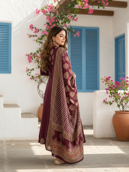 Ethnic Printed & Solid Sequin Embellished Anarkali Kurta with Pant & Dupatta - Burgundy