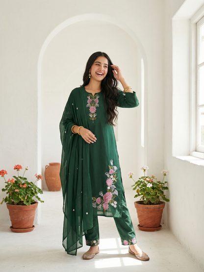 Solid Embroidered Straight Kurta with Pyjama & Dupatta - Green