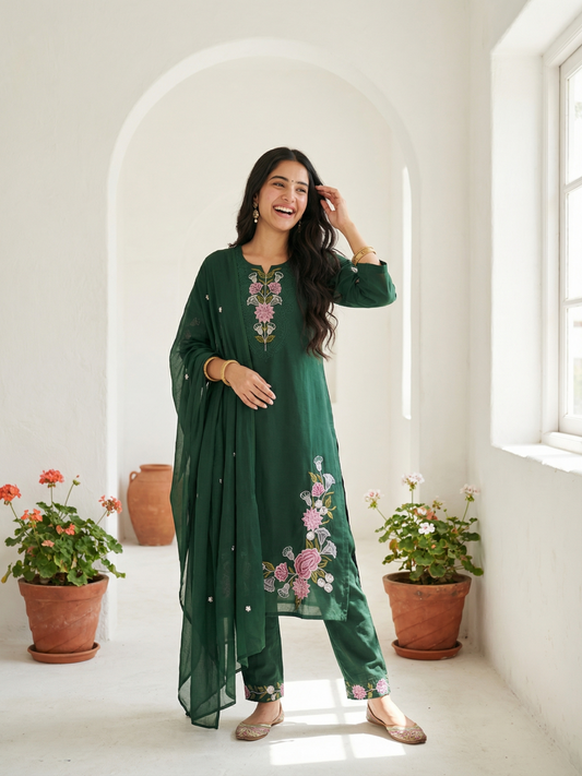Solid Embroidered Straight Kurta with Pyjama & Dupatta - Green