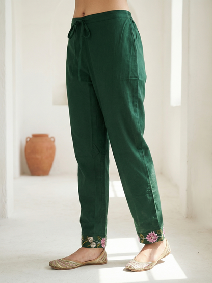 Solid Embroidered Straight Kurta with Pyjama & Dupatta - Green