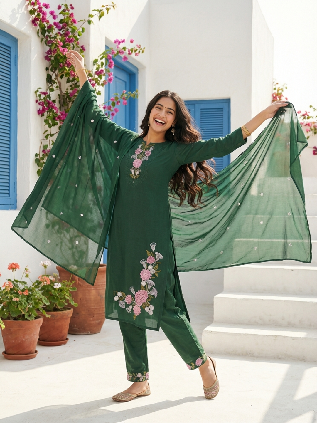 Solid Embroidered Straight Kurta with Pyjama & Dupatta - Green
