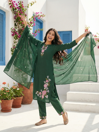 Solid Embroidered Straight Kurta with Pyjama & Dupatta - Green