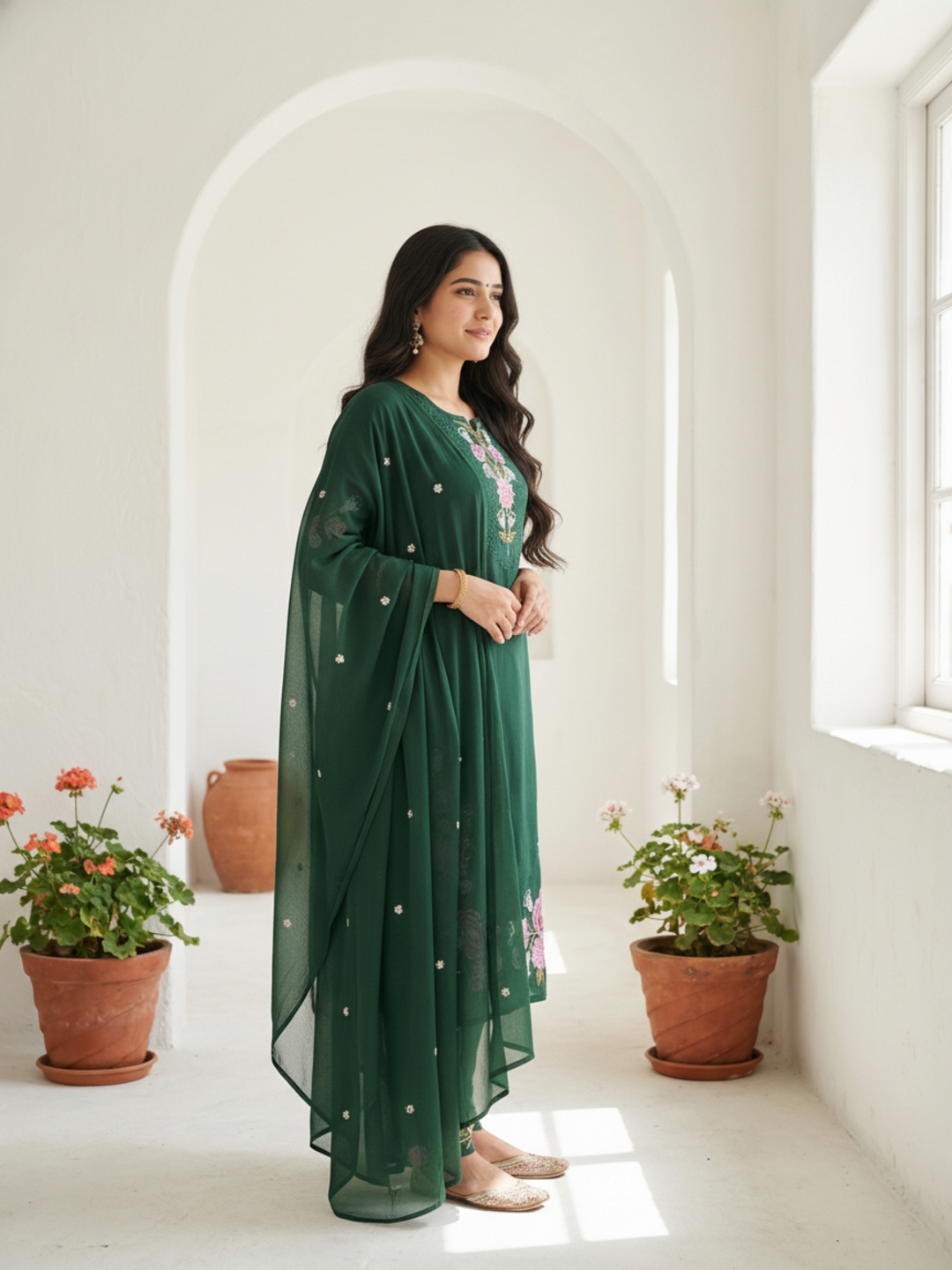 Solid Embroidered Straight Kurta with Pyjama & Dupatta - Green