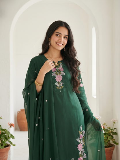 Solid Embroidered Straight Kurta with Pyjama & Dupatta - Green