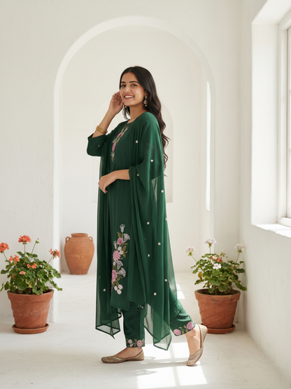 Solid Embroidered Straight Kurta with Pyjama & Dupatta - Green