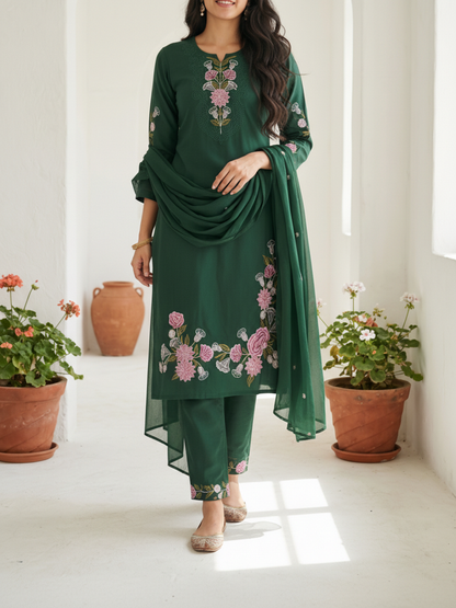 Solid Embroidered Straight Kurta with Pyjama & Dupatta - Green