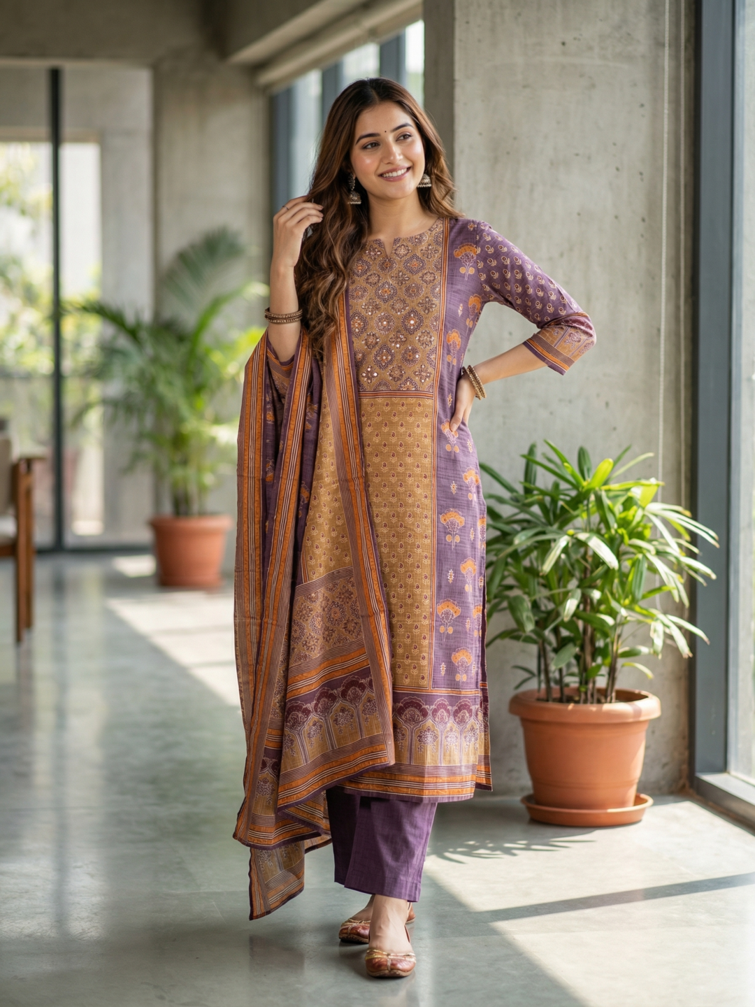 Ethnic Printed Mirror Work & Sequin Embellished Straight Kurta with Pant & Dupatta - Multi