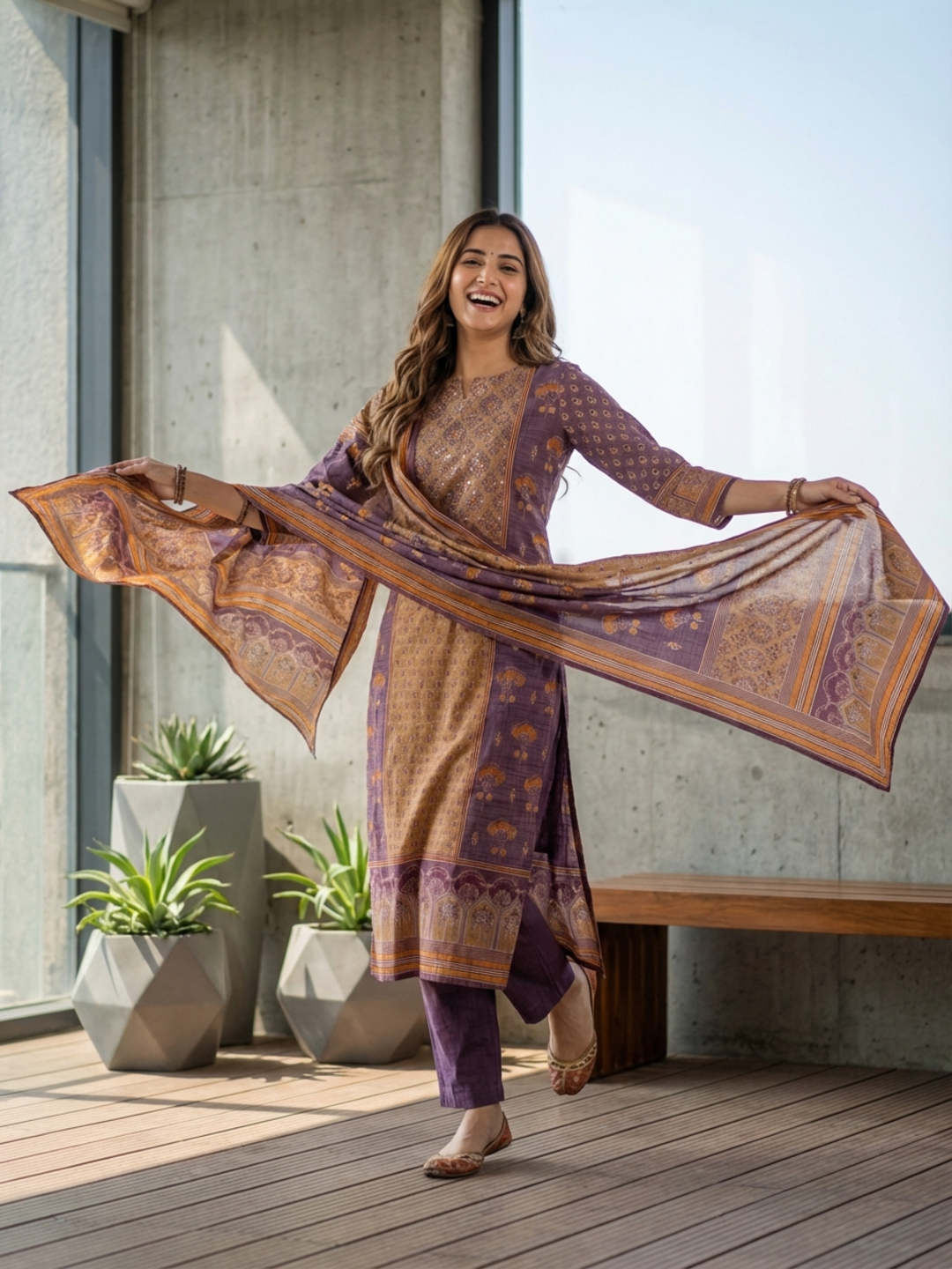 Ethnic Printed Mirror Work & Sequin Embellished Straight Kurta with Pant & Dupatta - Multi