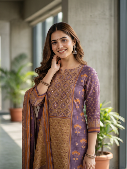 Ethnic Printed Mirror Work & Sequin Embellished Straight Kurta with Pant & Dupatta - Multi