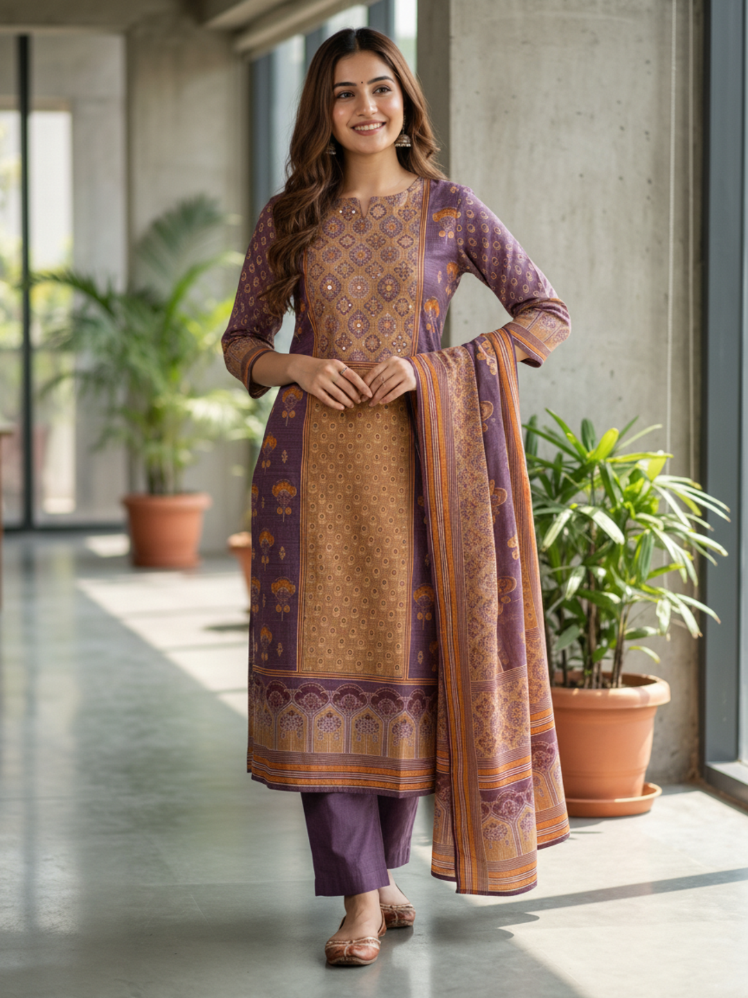 Ethnic Printed Mirror Work & Sequin Embellished Straight Kurta with Pant & Dupatta - Multi