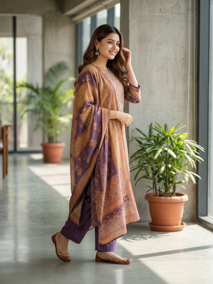 Ethnic Printed Mirror Work & Sequin Embellished Straight Kurta with Pant & Dupatta - Multi