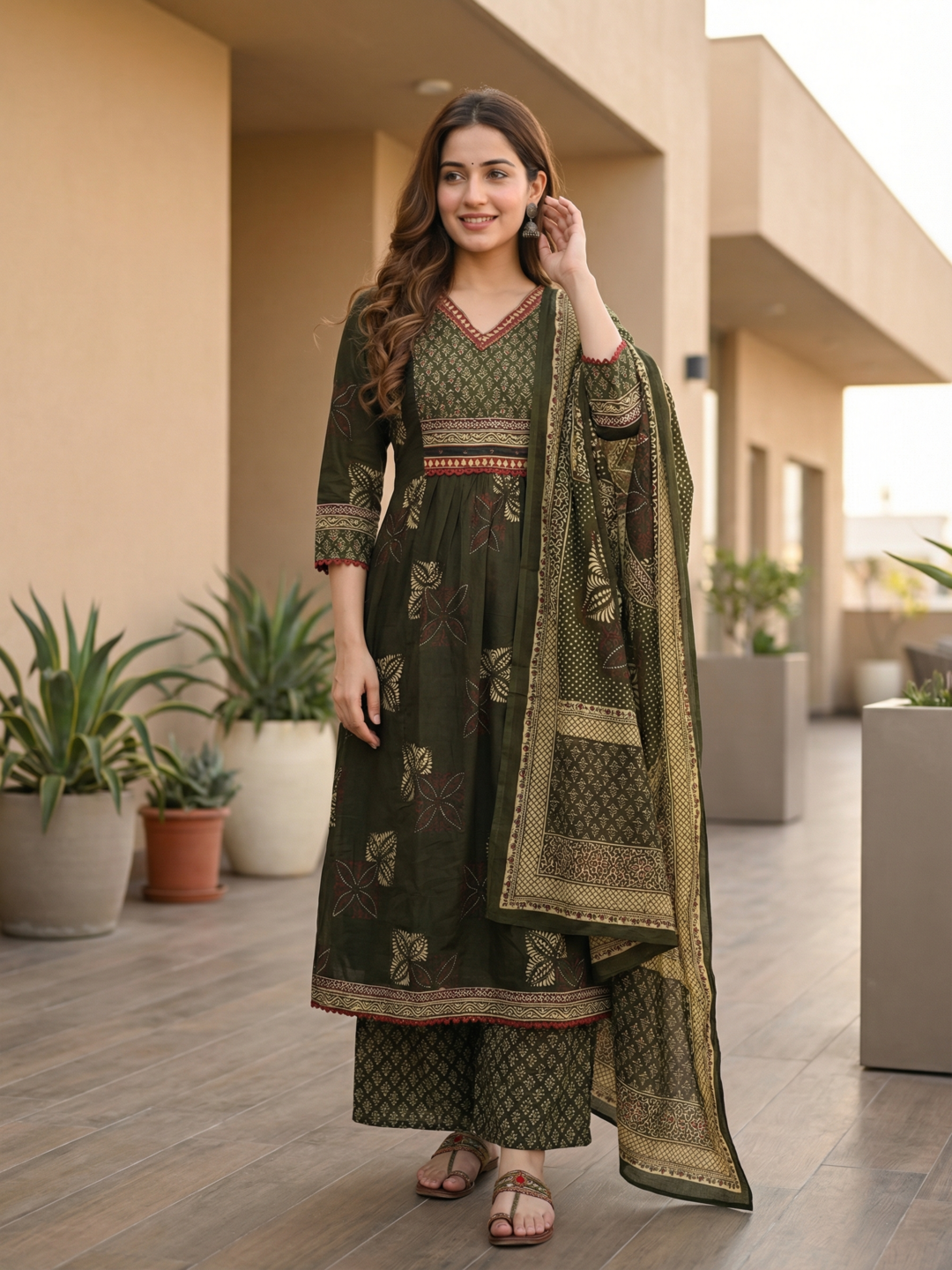 Ethnic Printed Mirror Work A-Line Kurta with Pyjama & Dupatta - Green
