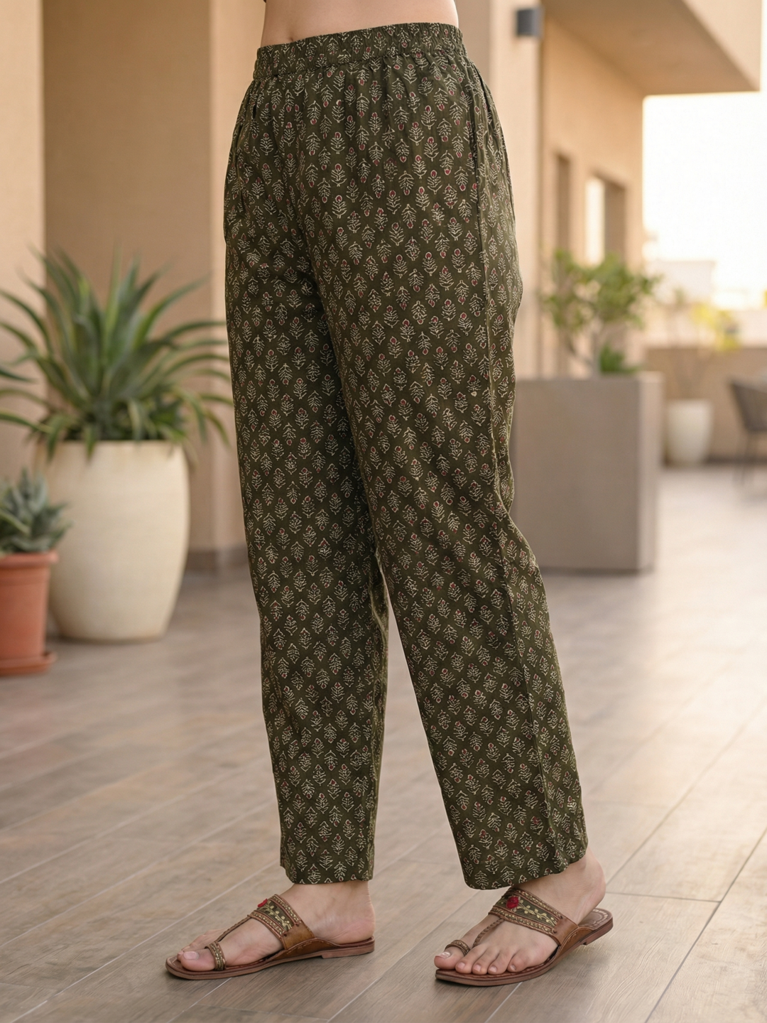 Ethnic Printed Mirror Work A-Line Kurta with Pyjama & Dupatta - Green