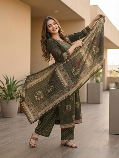 Ethnic Printed Mirror Work A-Line Kurta with Pyjama & Dupatta - Green