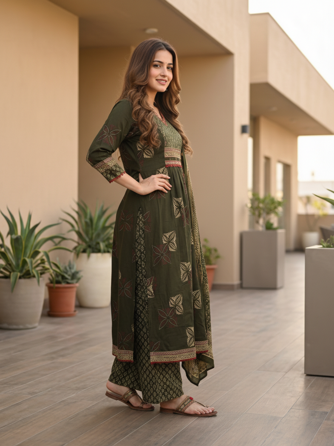 Ethnic Printed Mirror Work A-Line Kurta with Pyjama & Dupatta - Green