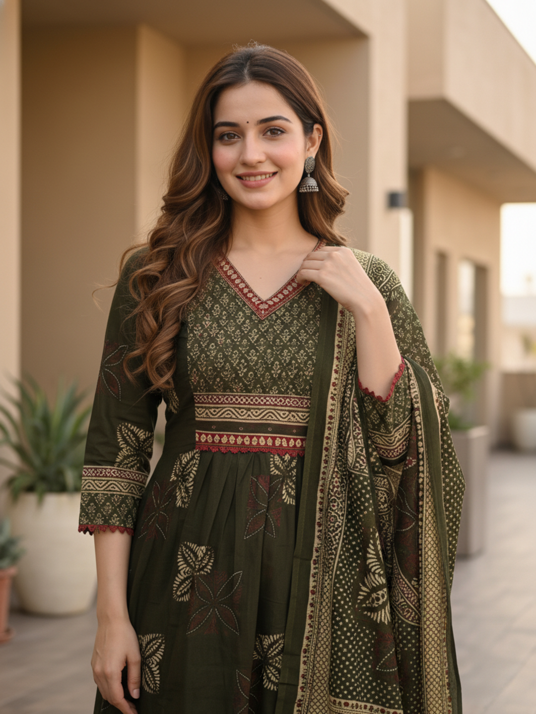 Ethnic Printed Mirror Work A-Line Kurta with Pyjama & Dupatta - Green