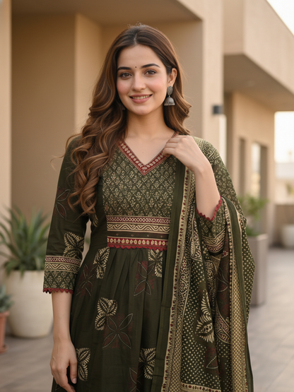 Ethnic Printed Mirror Work A-Line Kurta with Pyjama & Dupatta - Green