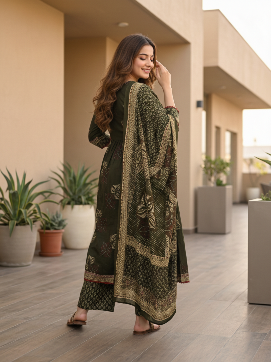 Ethnic Printed Mirror Work A-Line Kurta with Pyjama & Dupatta - Green