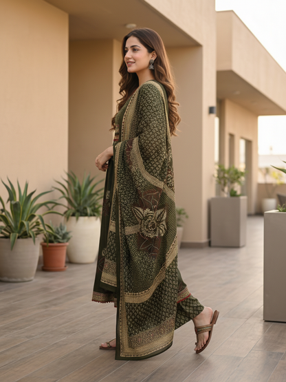 Ethnic Printed Mirror Work A-Line Kurta with Pyjama & Dupatta - Green
