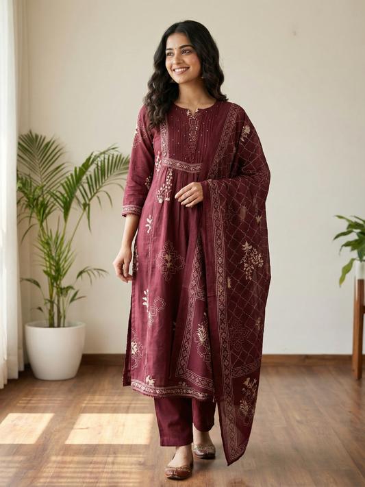 Abstract Printed Sequin & Lace Detailed A-Line Kurta with Palazzo & Dupatta - Maroon