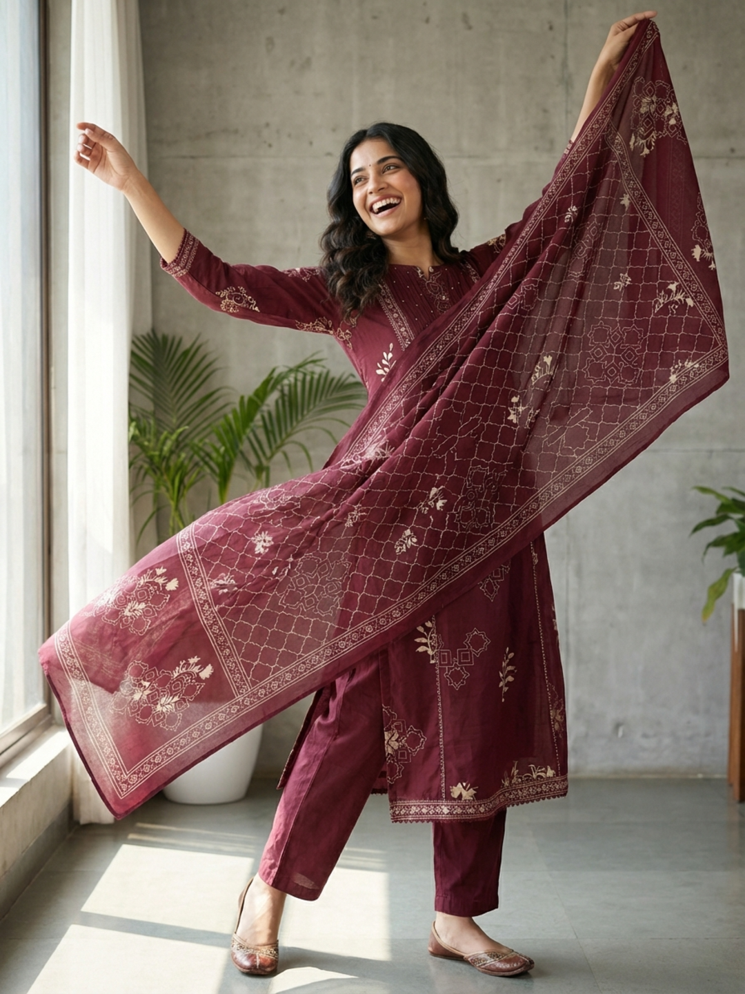 Abstract Printed Sequin & Lace Detailed A-Line Kurta with Palazzo & Dupatta - Maroon