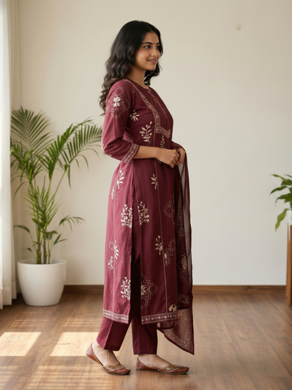 Abstract Printed Sequin & Lace Detailed A-Line Kurta with Palazzo & Dupatta - Maroon