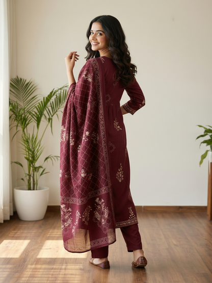 Abstract Printed Sequin & Lace Detailed A-Line Kurta with Palazzo & Dupatta - Maroon